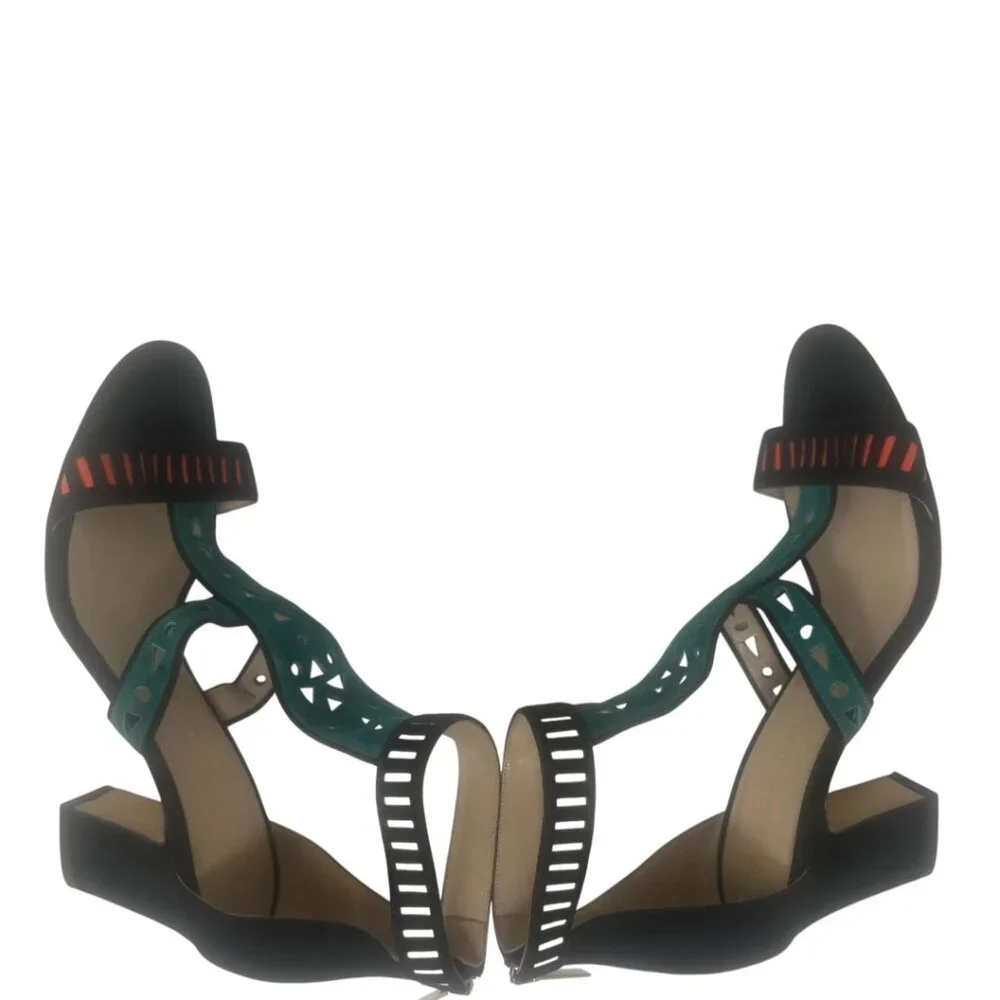 Tamara Mellon Black Suede Green Red White Laser Cut Straps Open Toe Heels Size 9